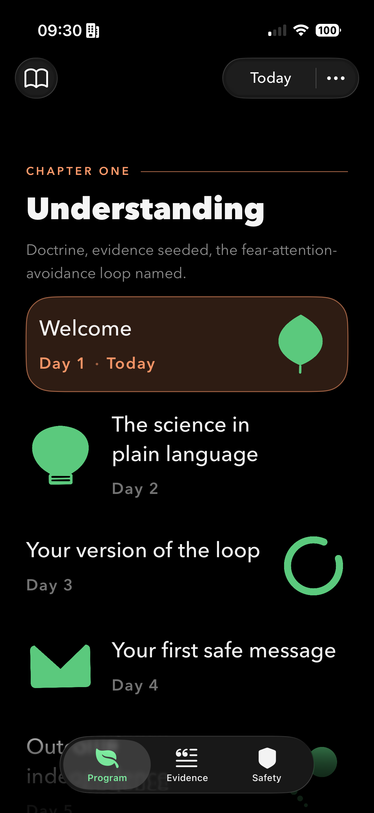 Relief program view showing Chapter One with daily sessions mapped out